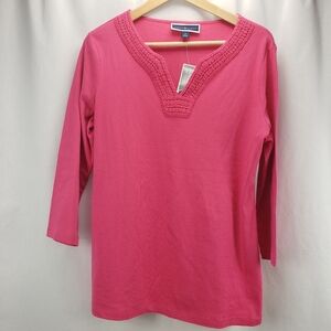 Karen Scott Crochet Trim Splitline Pink Top Women's Size M NWT